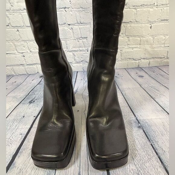 VINTAGE Luichiny Mavis Black Leather Y2K Classic Club Retro Platform Boots 39 - Picture 4 of 16